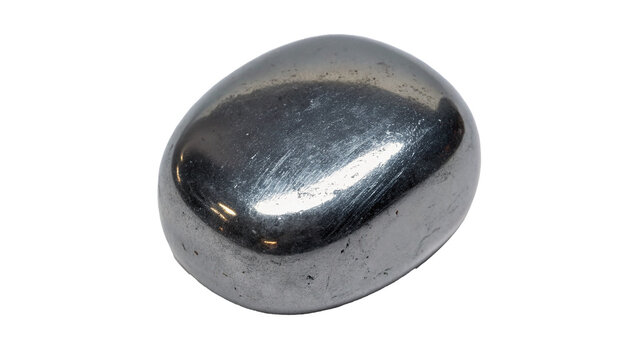 Polished shiny metallic hematite mineral crystal gemstone piece on transparent background