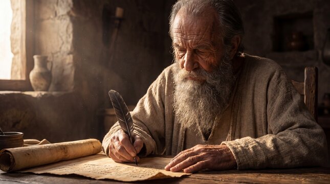 Ancient biblical prophet, apostle or saint writing a sacred text of the Holy Bible on parchment with a quill pen. Concept of Saint Paul, John, Luke, or Matthew authoring the Gospel or Epistles