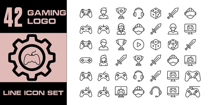 Gaming line icon set featuring esports, controller, video games, virtual reality, headset, streaming, console. Professional editable vector illustration for gaming app and UI UX design.