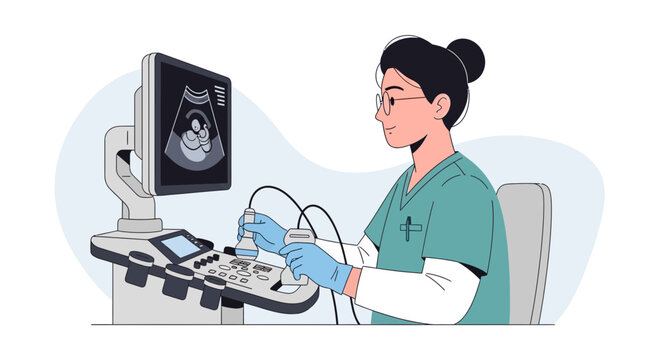 Doctor uses ultrasound machine to scan fetus on screen, medical technology