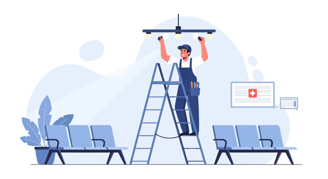 Electrician changing light bulbs in a modern waiting room, flat design illustration.