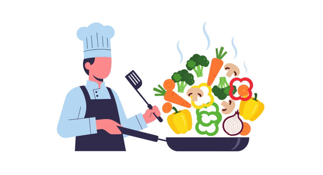Chef cooking healthy vegetables in a pan with steam rising.