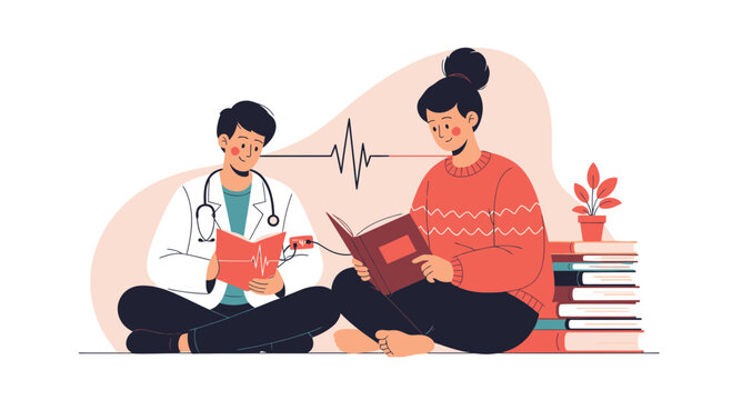 Doctor Reading Book with Patient and Heartbeat Line