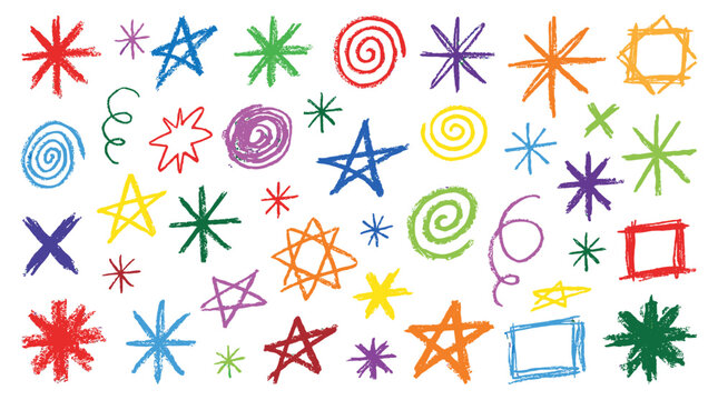 Colorful crayon drawn stars asterisks and spiral doodles