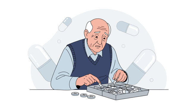 Elderly man with pills, struggling with memory loss and game