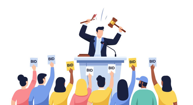 Auctioneer leading a lively auction with bidders raising paddles.