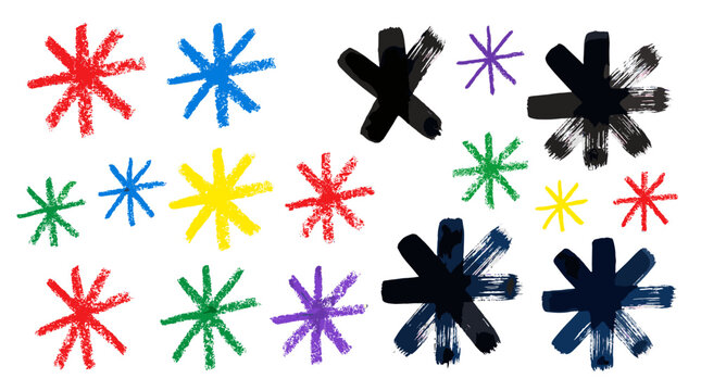 Colorful hand drawn asterisk and starburst shapes collection
