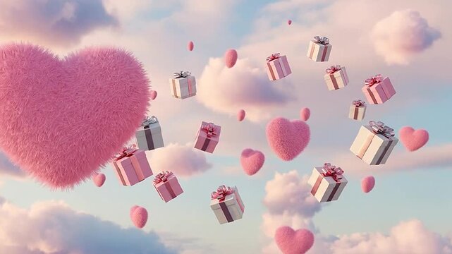 Fluffy pink hearts and gift boxes floating in a soft blue sky with clouds