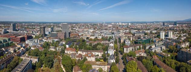 Obraz premium Aerial panorama of the Swiss city Basel, the third largest city in Switzerland with its ancient and modern parts in overview.