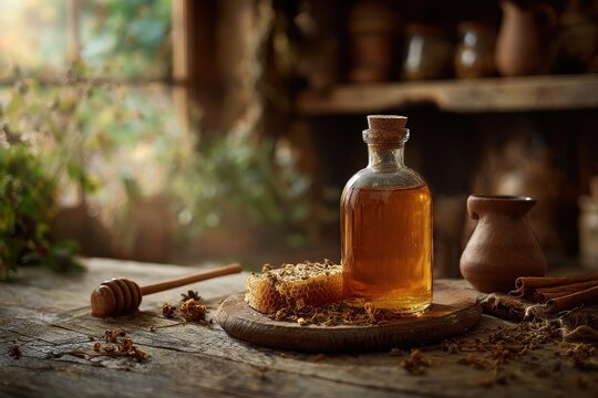 Amber mead bottle on a wooden table with honey, spices, and traditional rustic charm
