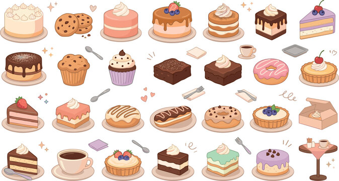 Cute cakes and desserts vector set with sweet slices cupcakes brownies donuts tarts cookies and coffee illustration,