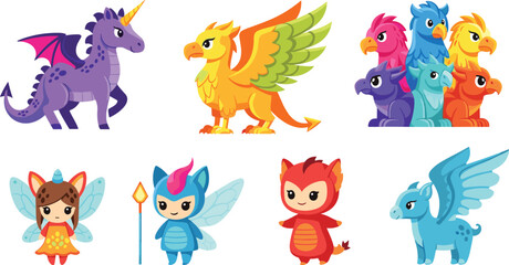 Naklejka premium Set of Colorful Fantasy Creature Icons Featuring Mythical Dragons, Griffins, Cute Fairies, and Magical Characters for Children’s Storybook and Game Design Concepts