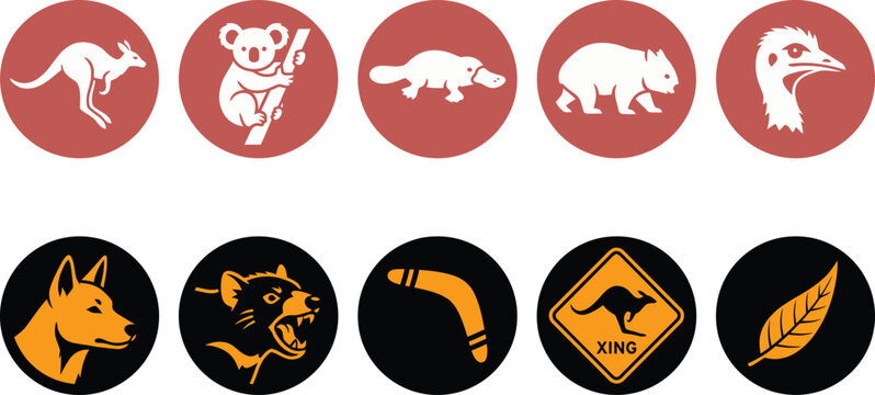 Set of ten circular Australian themed vector icons featuring iconic native wildlife animals and traditional cultural symbols in flat style