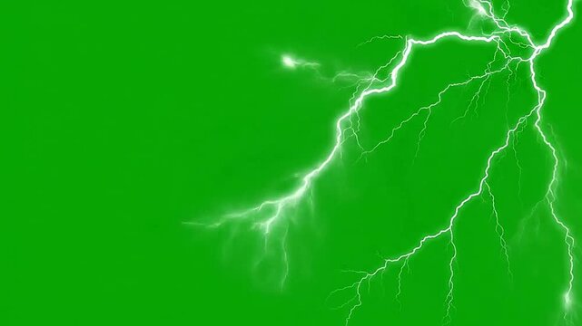 A bright white lightning bolt strikes across a solid green background screen