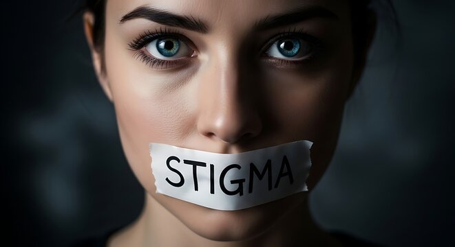 Closeup portrait of a woman with a piece of tape over her mouth labeled stigma