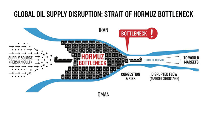 A conceptual infographic illustration demonstrating the critical global oil supply disruption occurring at the narrow Strait of Hormuz bottleneck