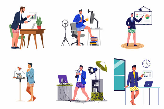 Set of professional businessmen working from home, wearing suit jackets with boxers during remote video meetings, illustrating a humorous reality of modern telecommuting work.