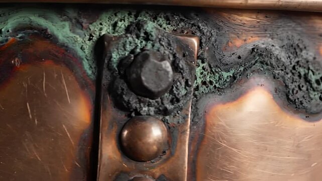 Closeup of Aged Copper Surface with Green Patina and Rivets.