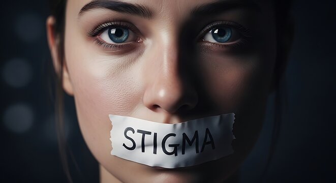 Closeup portrait of a woman with tape over her mouth labeled stigma