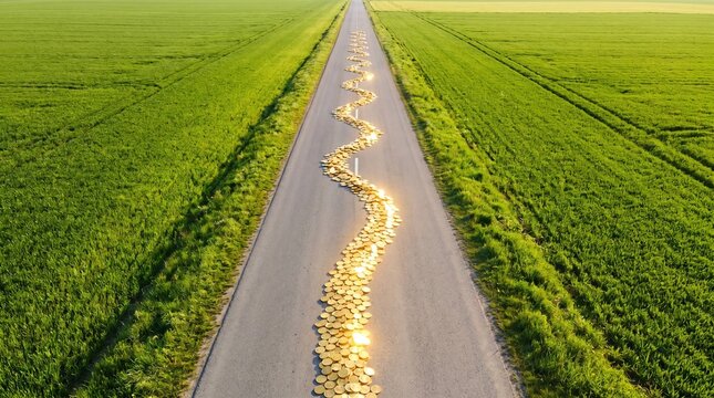 Golden coins trail down rural road through green fields aerial view