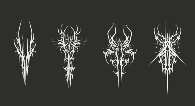 Abstract symmetrical tribal sigil with sharp gothic spikes in cyber occult style. Clean white vector isolated on black background for tattoo, logo, streetwear, and dark aesthetic design