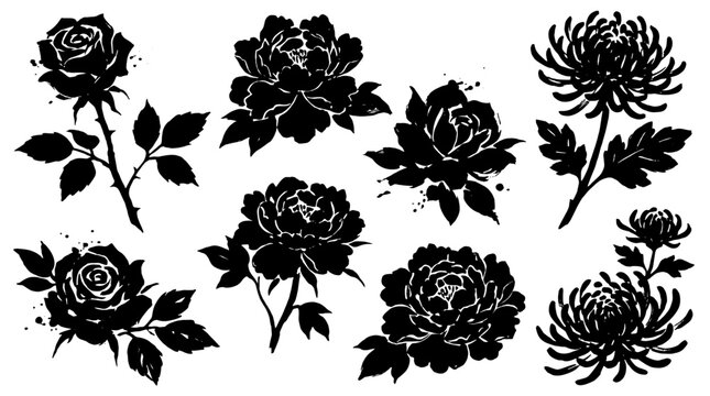 Black hand drawn flower vector set with roses peonies and chrysanthemums