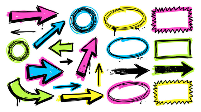 Colorful hand drawn marker arrows circles and frame elements