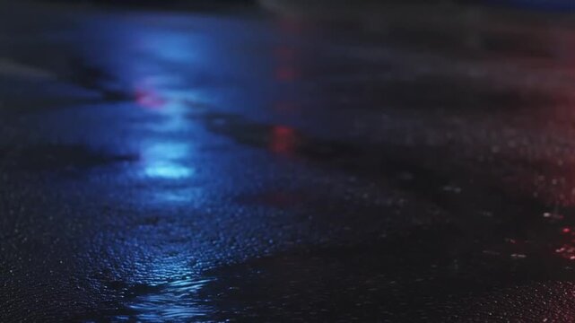 Cinematic Slow Motion Defocused Red and Blue Emergency Lights on Wet Asphalt for True Crime and Mystery Background