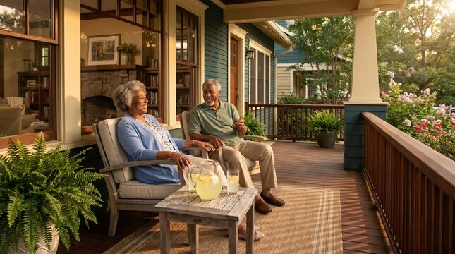 Senior couple enjoying conversation on residential porch during golden hour