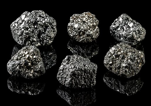 Group of raw pyrite mineral specimens on a black reflective surface