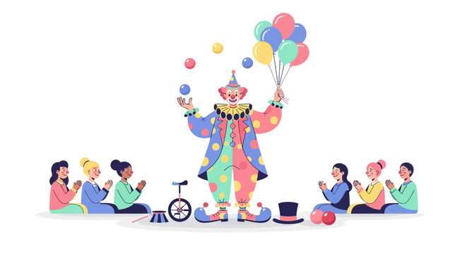Clown Juggling Balls and Balloons at Circus Performance.