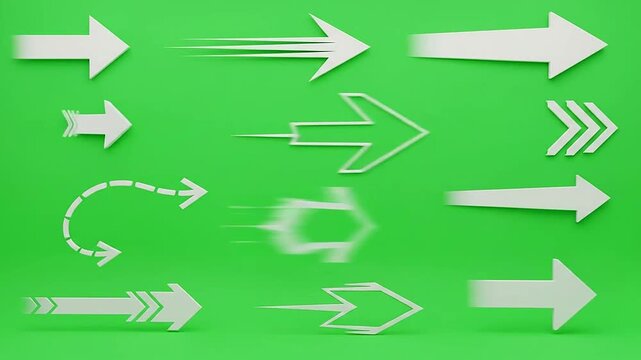 A collection of various white arrows isolated on a vibrant green background