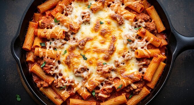 Baked ziti pasta with meat sauce and melted cheese in cast iron skillet. beef rigatoni 