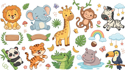 Fototapeta premium Cute safari animals vector set with lion elephant giraffe monkey zebra panda tiger crocodile hippo toucan illustration,