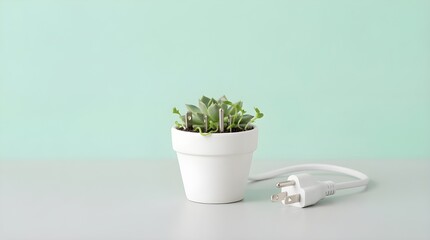 Fototapeta premium Small green plant in a white pot with an electrical plug and cord on a white table against a light blue background