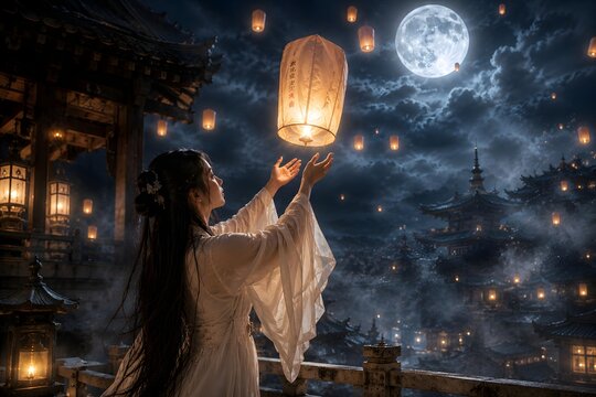 Moonlit lantern release at temple