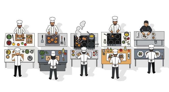 Culinary Competition with Chefs Working in Stations.