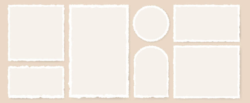 Torn paper frames. Blank ripped note sheets with jagged edges for poster, post, stories, vintage rough memo pieces, geometric scrapbook pages. Vector isolated set