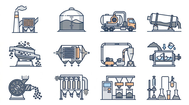 Industrial machinery and equipment icons set.