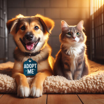 A Happy Mixed Breed Puppy With An Adopt Me Tag Lying Next To A Calm Long Haired Cat On A Textured Mat Inside A Sunlit Animal Shelter Enclosure