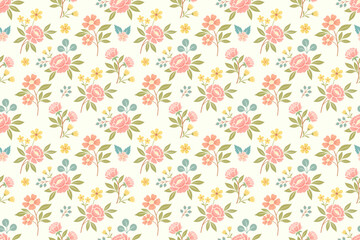 Fototapeta premium Elegant seamless floral pattern with pink, peach, and yellow blossoms, green blue leaves on cream background, perfect for fabric, wallpaper, and decorative prints.