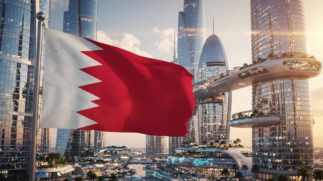 Bahrain flag waving in front of modern city skyline