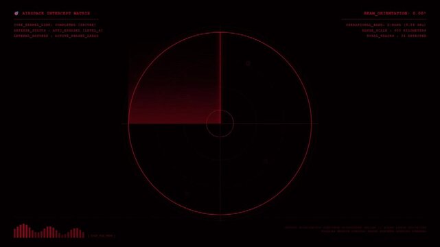 Airspace Intercept Matrix Radar Displaying Active Phased Array Antenna Pattern Beam Orientation Tracking Scanner Sweep Red HUD Interface Background.