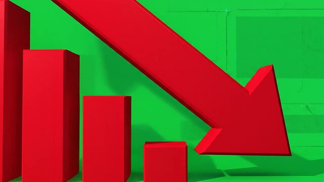 A red bar chart showing a downward trend against a vibrant green background