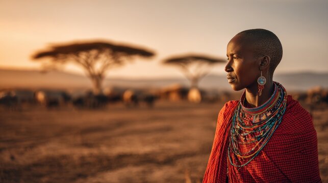 Maasai herder beneath acacia silhouettes on the sunlit savannah