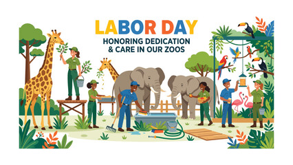Obraz premium Zoo Staff Honoring Dedication and Care on Labor Day: A vibrant illustration depicts zoo keepers tending to various animals, including giraffes, elephants, and birds.