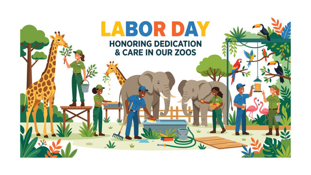 Zoo Staff Honoring Dedication and Care on Labor Day: A vibrant illustration depicts zoo keepers tending to various animals, including giraffes, elephants, and birds.