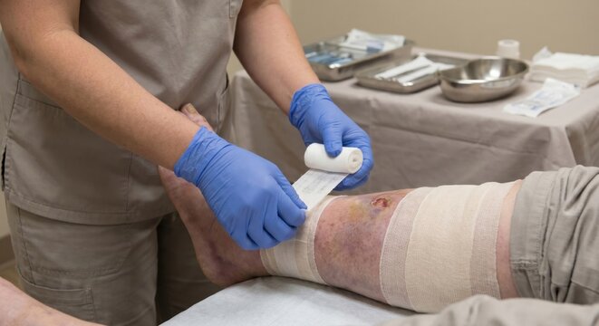 Clinician dressing venous stasis ulcer on patient swollen leg