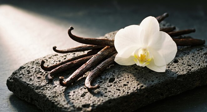 Vanilla beans and white orchid on dark basalt rock