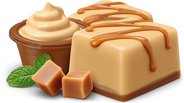 Creamy caramel chocolate candy squares with drizzle and fresh mint leaves, chocolate
